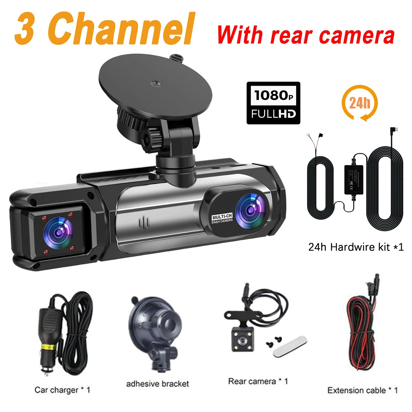 3 caméras Dash Cam 1080P caméra de recul avant et arrière Vision nocturne moniteur de stationnement voiture DVR 3 voies enregistreur vidéo de voiture avec cadeau