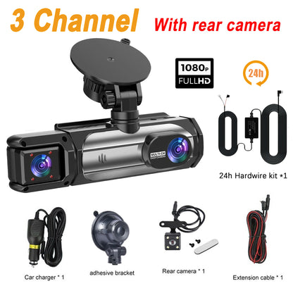 3 caméras Dash Cam 1080P caméra de recul avant et arrière Vision nocturne moniteur de stationnement voiture DVR 3 voies enregistreur vidéo de voiture avec cadeau