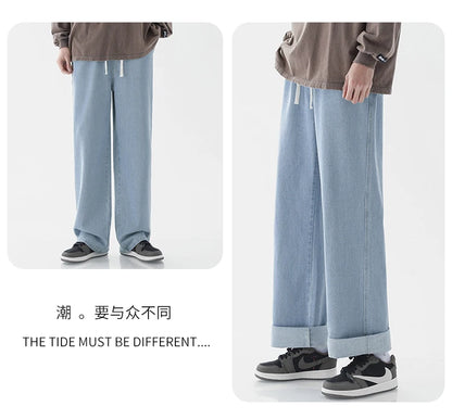 Jeans Men New Streetwear Baggy Wide Leg Jeans Korean Fashion Straight Casual Loose Denim Cargo Pants Male Light Blue Grey Black