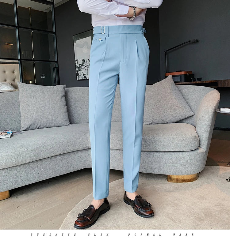 British Style New Solid High Waist Suit Pant Men Business Formal Wear Trousers 2024 High Quality Slim Casual Office Suit Pants