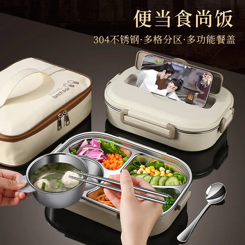 304 stainless steel compartment insulated lunch box office worker students sealed portable bento Microwae Heating food container