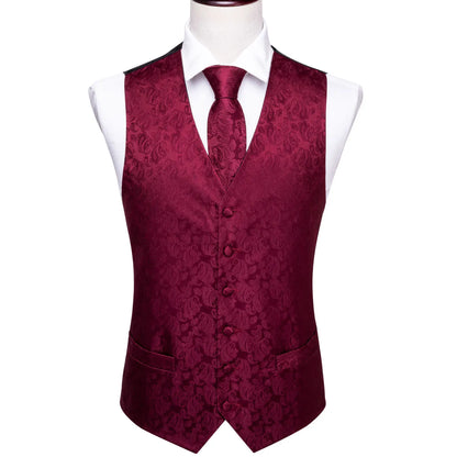 Designer Vest for Men Silk Embroidered Red Burgundy Paisley Waistcoat Tie Pocket Square Set Slim Fit Wedding Suit Barry Wang