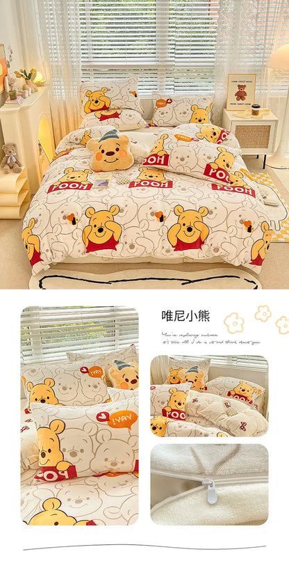 Pooh Bear Daisy Mickey Lotso Minnie cute cartoon pattern soft and warm milk velvet bed sheet and quilt cover four-piece set