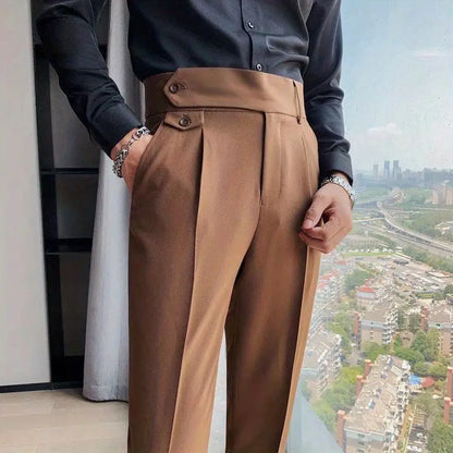 Casual Men's Spring and Summer 2024 New Business Formal Solid Color High Waisted Button Zipper Ruched Pocket Straight Suit Pants