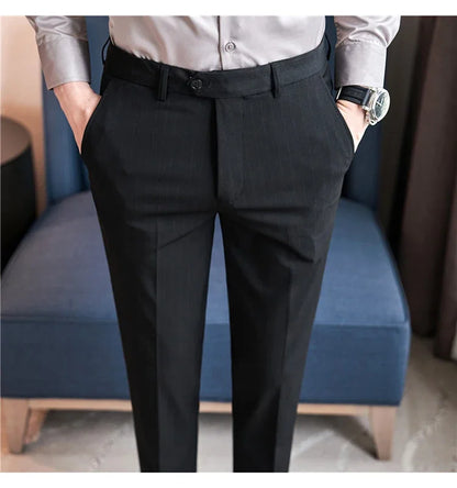 Men Boutique Black Striped Suits Pants Male Formal Wear Wedding Dress Trousers Quality British Style Business Casual Suit Pants