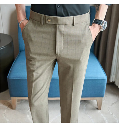 Men Plaid Suit Pants 2024 Autumn Item Solid Casual Dress Pants Elastic Slim Fit Formal Trousers Men Clothing pantalones hombre