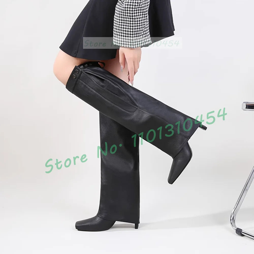 Black Square Toe Foldover Leather Boots Women Elegant Block High Heels Pink Winter Dress Shoes Female Casual Metal Buttons Boots