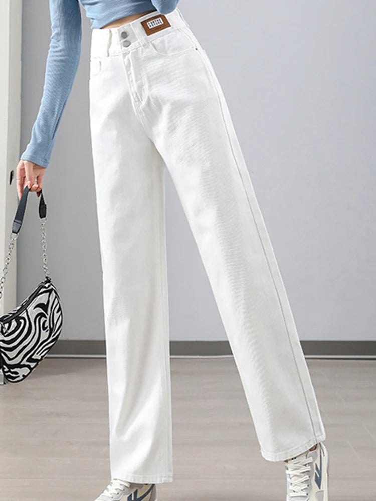 Spring 2024 Women High Waist Jeans Lady Double Breasted Straight Leg Pants Female White Black Light Blue Leather Label Trousers