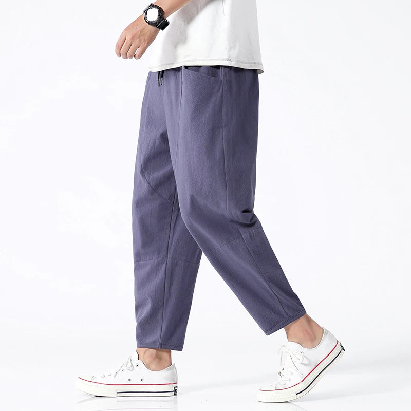 100% Cotton Ankle Length Pants Summer Casual Pants Man Trendy Japanese Loose Pants Men