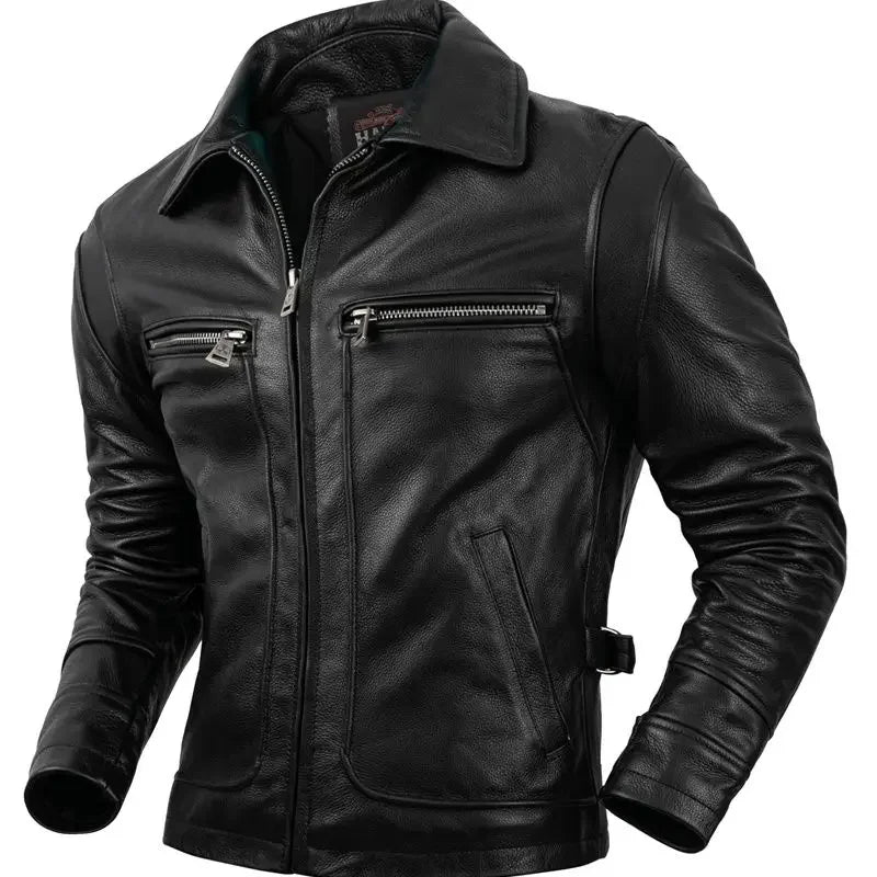 Pure Top Layer Cowhide Genuine Leather Jacket Men's Slim Fit  Lapel Motorcycle Jackets Classical Black Zipper Leather Coat