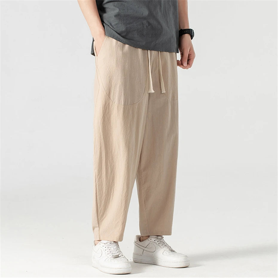 Linen Pants Men Baggy Pants Plus Size 9XL Summer Ankle-length Pants Male Solid Color Bottom Big Size 9XL