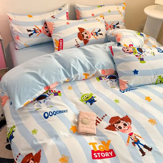 Toy Story Lotso Buzz Lightyear Alien Mickey Stitch Pooh Bear Fun Cartoon Printed Cotton Sheets and Quilt Covers Three Piece Set