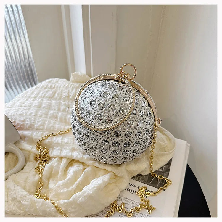 Sparkly Round Evening Purses for Women Shiny Diamonds Handbag Unusual Party Mini Small Bags Fashion Luxury Shoulder Bag Woman