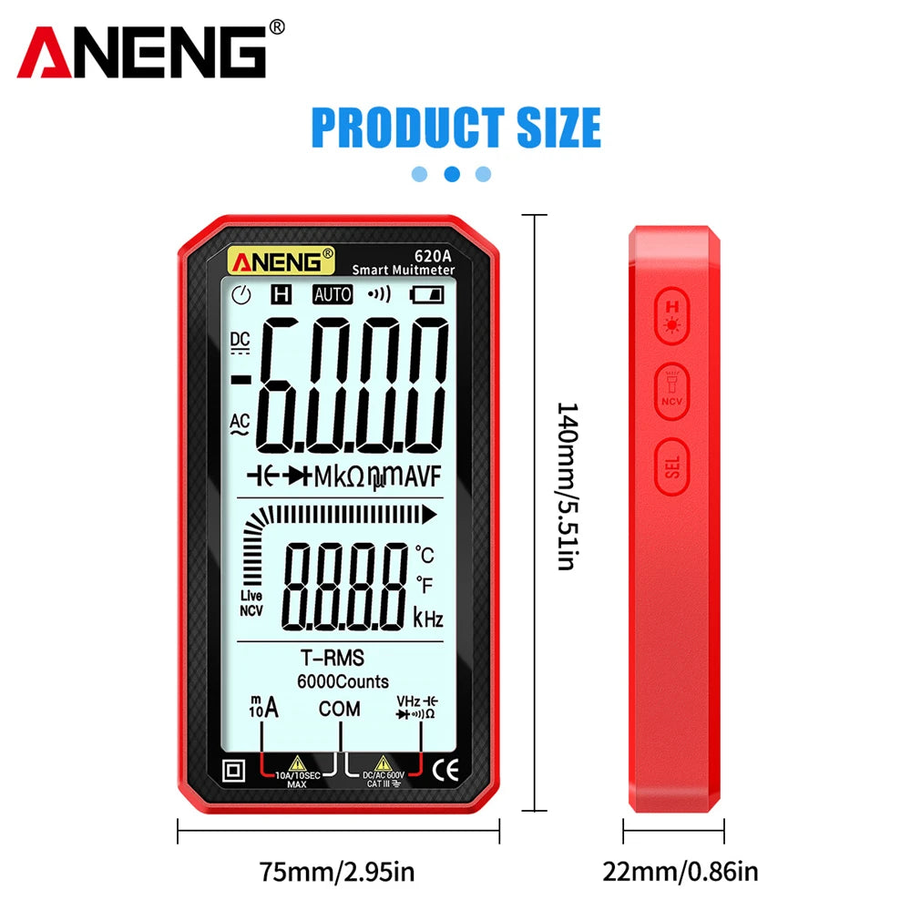 ANENG 620A 6000 Counts Digital Smart Multimeter Transistor Testers True RMS Auto Electrical Capacitance Meter Temp Resistance