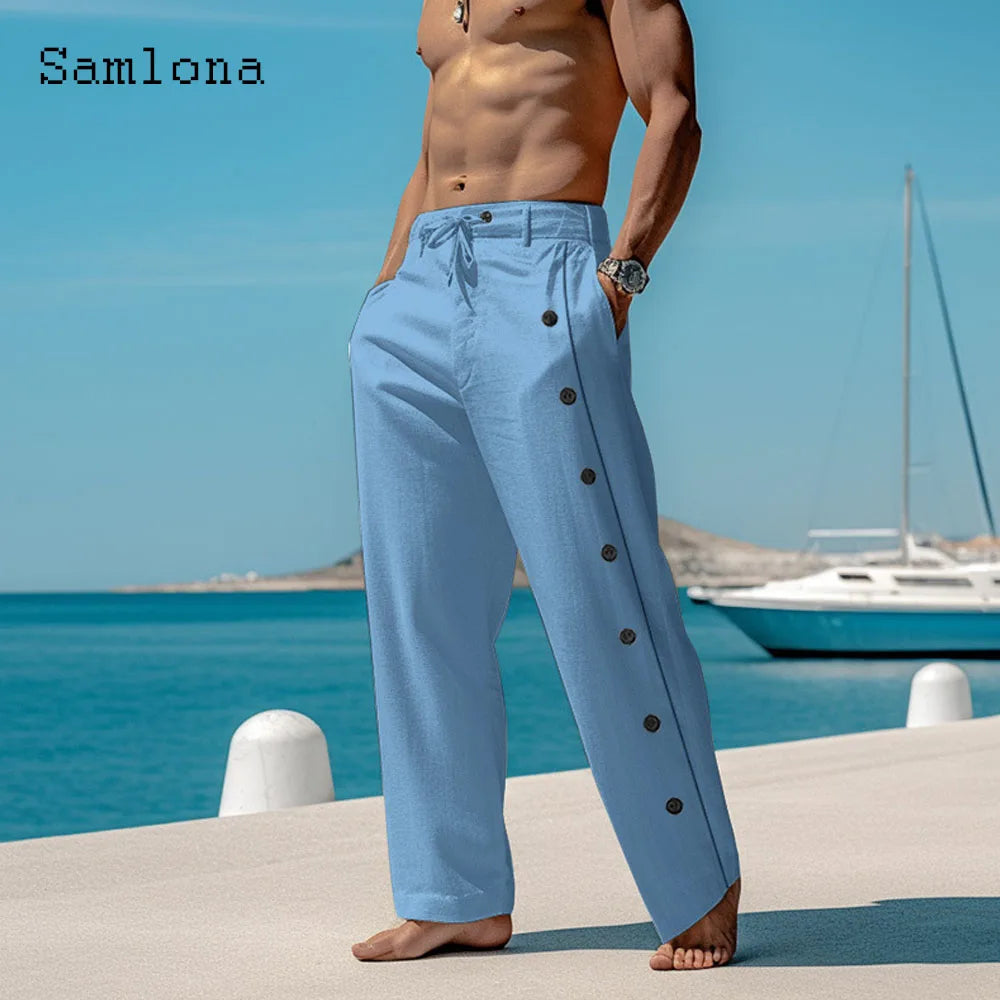 2024 Men Elegant Triple Buttons Cotton Linen Pants Solid White Full-Length Trouser Plus Size Mens Casual Drawstring Sweatpants