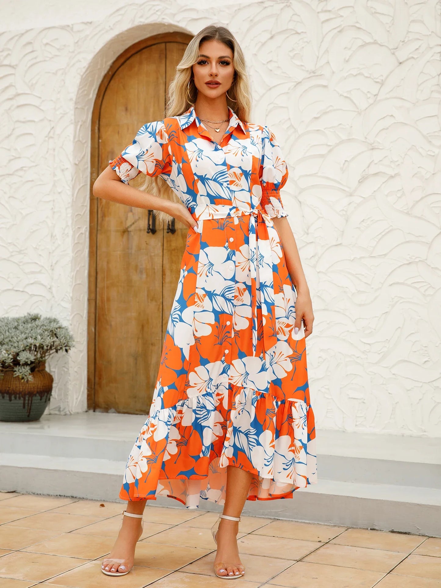 Women Floral Print Long Dress Summer Casual  Turn-down Collar Half Sleeve Loose Big Swing Dress Female Vintage  Beach Maxi Dress