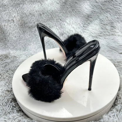 New Pointed Black fur Sole High Heel Shoes for Women with a Distinctive Style Wearing Ultra High Heel Half Slippers Externally