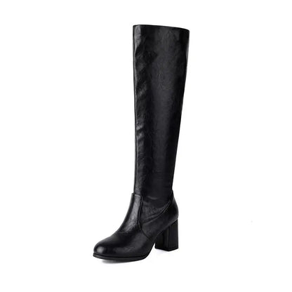 ASILETO Classic Women Knee High Boots Round Toe Block Heels 6.5cm Zipper Large Size 46 47 48 Vintage Daily Lady Riding Booties