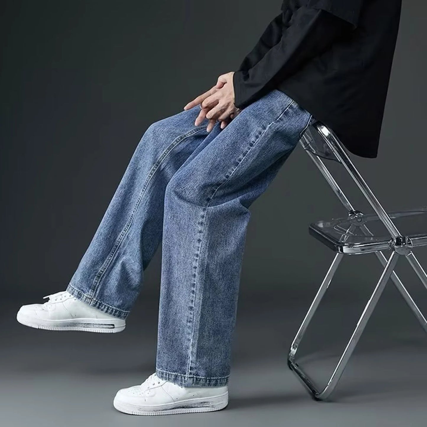 1Pc Trendy Oversize Jeans Zipper Fly/Drawstring Dressing Up Brushed Pants Thin Baggy Jeans Retro Wide Leg Man Pants Men Clothing