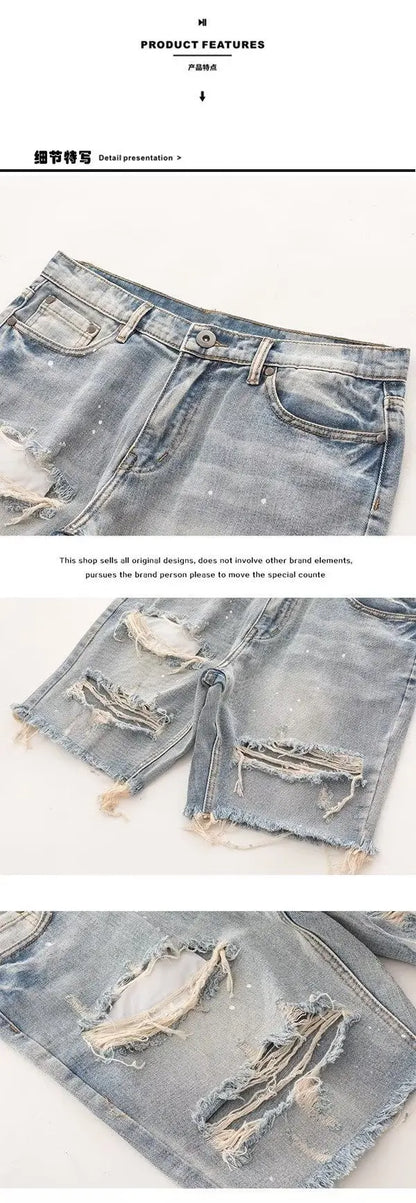 Kakan - New Summer Distressed Denim Shorts for Men, Korean Youth Popular Slim Fitting Small Leg Quarter Pants Jeans K58-DK322