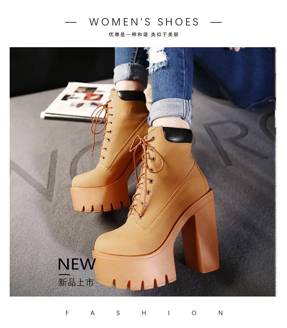 14CM Fashion Motorcycle Boots Women Leather Spring Autumn Metal Buckle High Heels Shoes Zipper brown Ankle Boots Woman Lacing