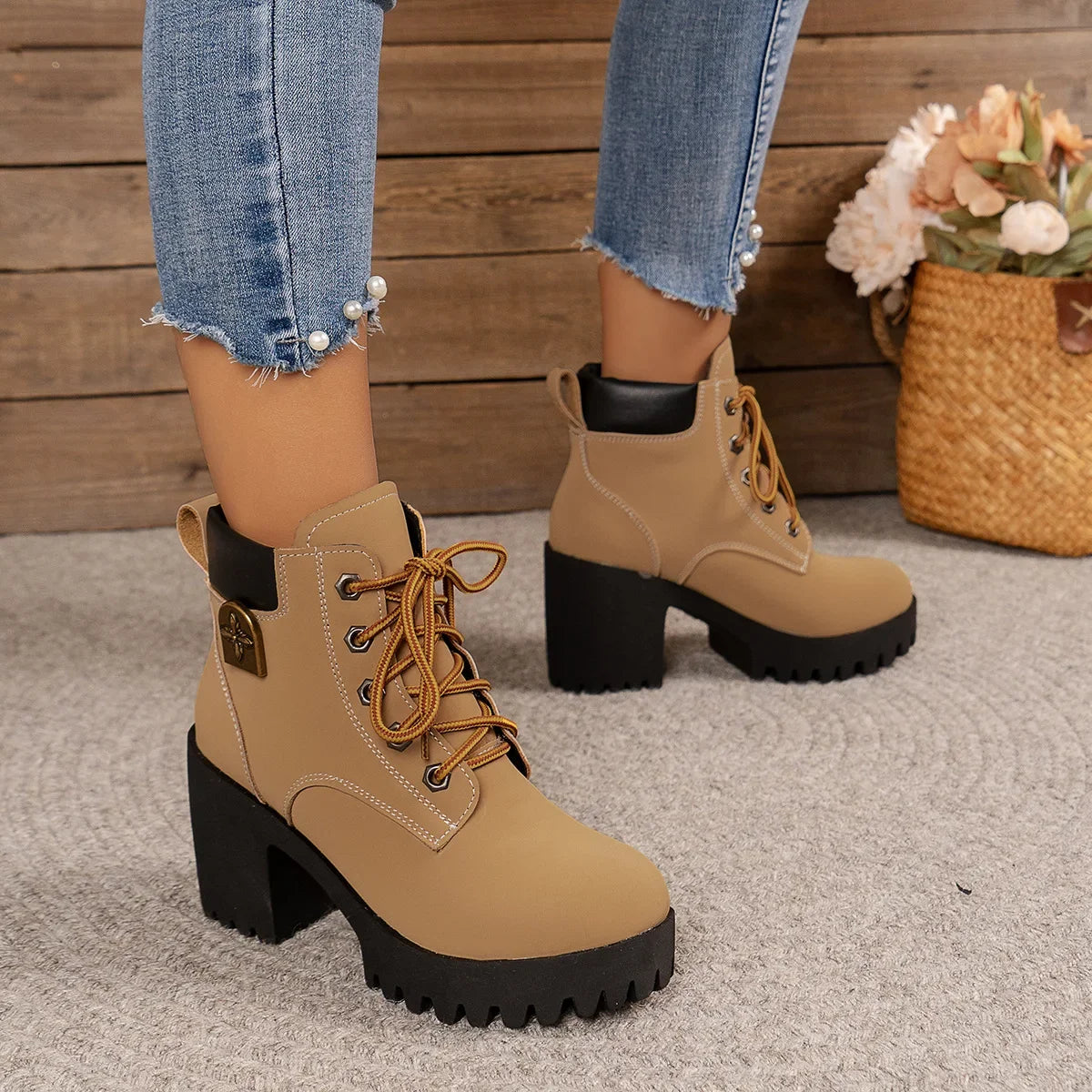 Women Retro Round Toe Chunky Heels Ankle Boots Autumn New High Heels Shoes Woman Lace Up Platform Short Booties Big Size 42