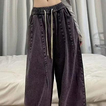 1Pc Trendy Oversize Jeans Zipper Fly/Drawstring Dressing Up Brushed Pants Thin Baggy Jeans Retro Wide Leg Man Pants Men Clothing