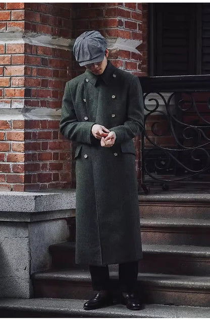 Mauroicardi Autumn Winter Long Warm Green Polo Coat Men Double Breasted Cool Luxury Elegant England Style Wool Blends Overcoat