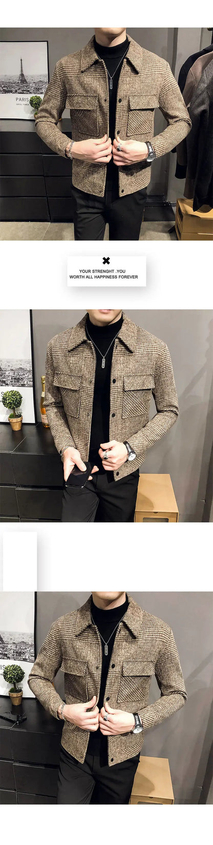 2024Autumn/Winter Men Polo Neck Woolen Jacket Fashion Slim Fit Suit Coat HighQuality Checkered Multi Pocket Korean Casual Jacket