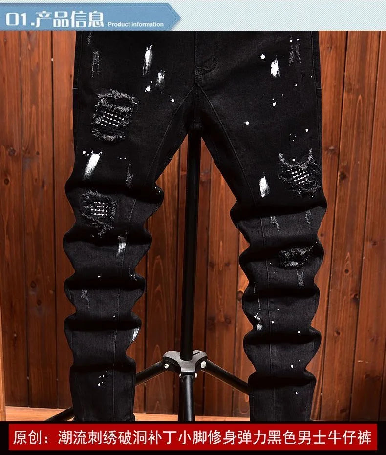 2024 Spring and Autumn New Fashion Trend Retro Ripped Black Stretch Jeans Men's Casual Comfort Straight Leg High Quality Pants