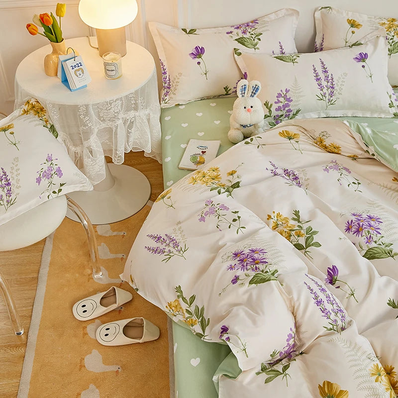 4 Pieces Bedding Set Country Romantic Lavender Flower Duvet Cover Set Purple Yellow Floral Quilt Cover Microfiber Bedspread Set