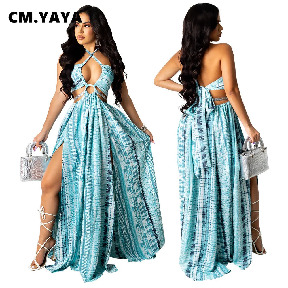 CM.YAYA Women Long Dress Print Sleeveless Halter Bandage Hollow Out Splited Maxi Dresses Sexy Night Party Vestidos Summer Outfit