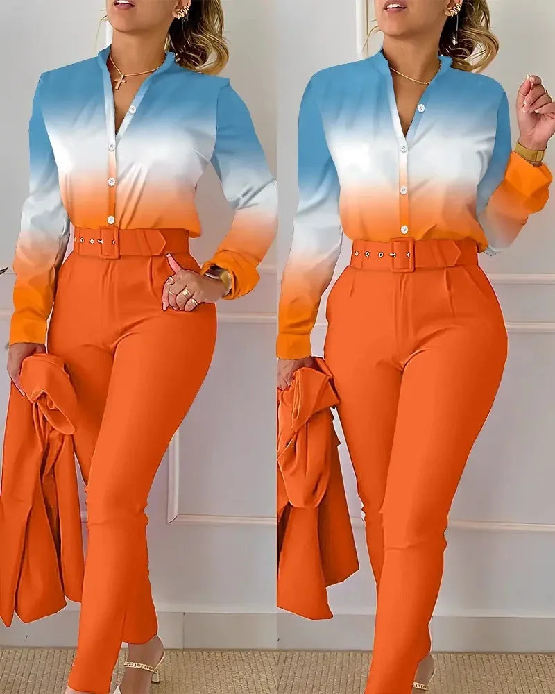 Elegant Women Two Piece Set Suits Fall New Fashion Print Long Sleeve Top Solid Color Pants Set With Belt  Blouses Female Clothes