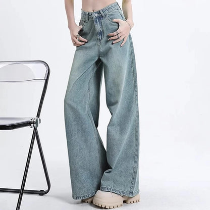 Women High Waist Korean Slacks Wide Leg Jeans Girls Punk 90s Vintage Denim Straight Leg Pants Female Light Blue Baggy Trousers