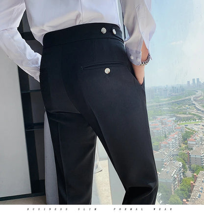 British Style New Solid High Waist Suit Pant Men Business Formal Wear Trousers 2024 High Quality Slim Casual Office Suit Pants