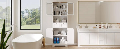 67" Tall Bathroom Storage Cabinet, Freestanding Linen Cabinet with Glass Doors & Drawer, Large Bathroom Pantry