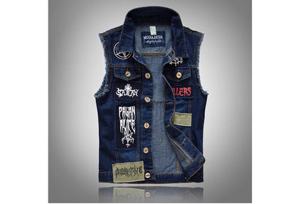 Summer Men's Lightweight Denim Vests Fashion Hip Hop Streetwear Jeans sleeveless Jacket Male Punk Party patch Denim Waistcoats