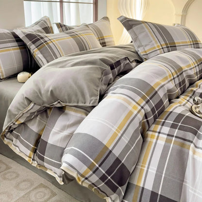 3pcs Gray Plaid Duvet Cover Set with 2 Pillowcases Bedding Sets for Hotel Bedroom Fashion Soft Simple Quilt Cover Pillowcase