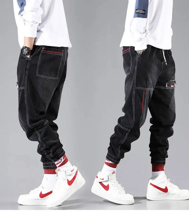 Trendy Joggers Men Cargo Pants with Light Denim Cargo Pocket HIP HOP Black Loose Haren Cropped Jeans Pants for Men S-4XL 5XL