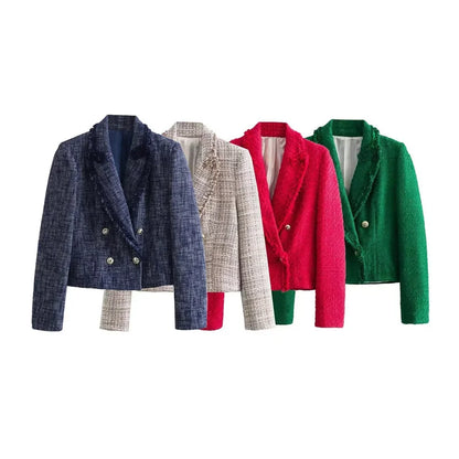 Streetwear Women's Tweed Suit Jacket Short Blazers Autumn Winter Double-breasted Slim Coat Casual Tops Female Woolen Blazers