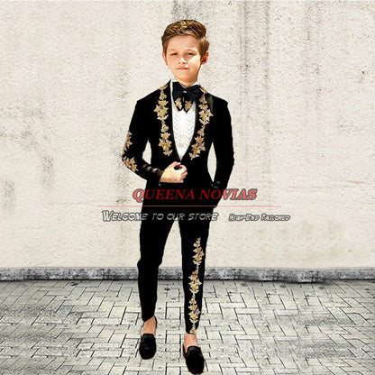 Kids Wedding Suits For Boys Gold Appliques Lapel Velvet Blazer Tailor-Made 2 Pieces Jacket Pants Children Formal Party Dress