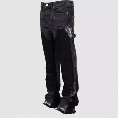 Men's Fashion Jeans Work Pants, European and American Fashion Workwear Elastic Patchwork Denim Layered Flared Pants S-XXL