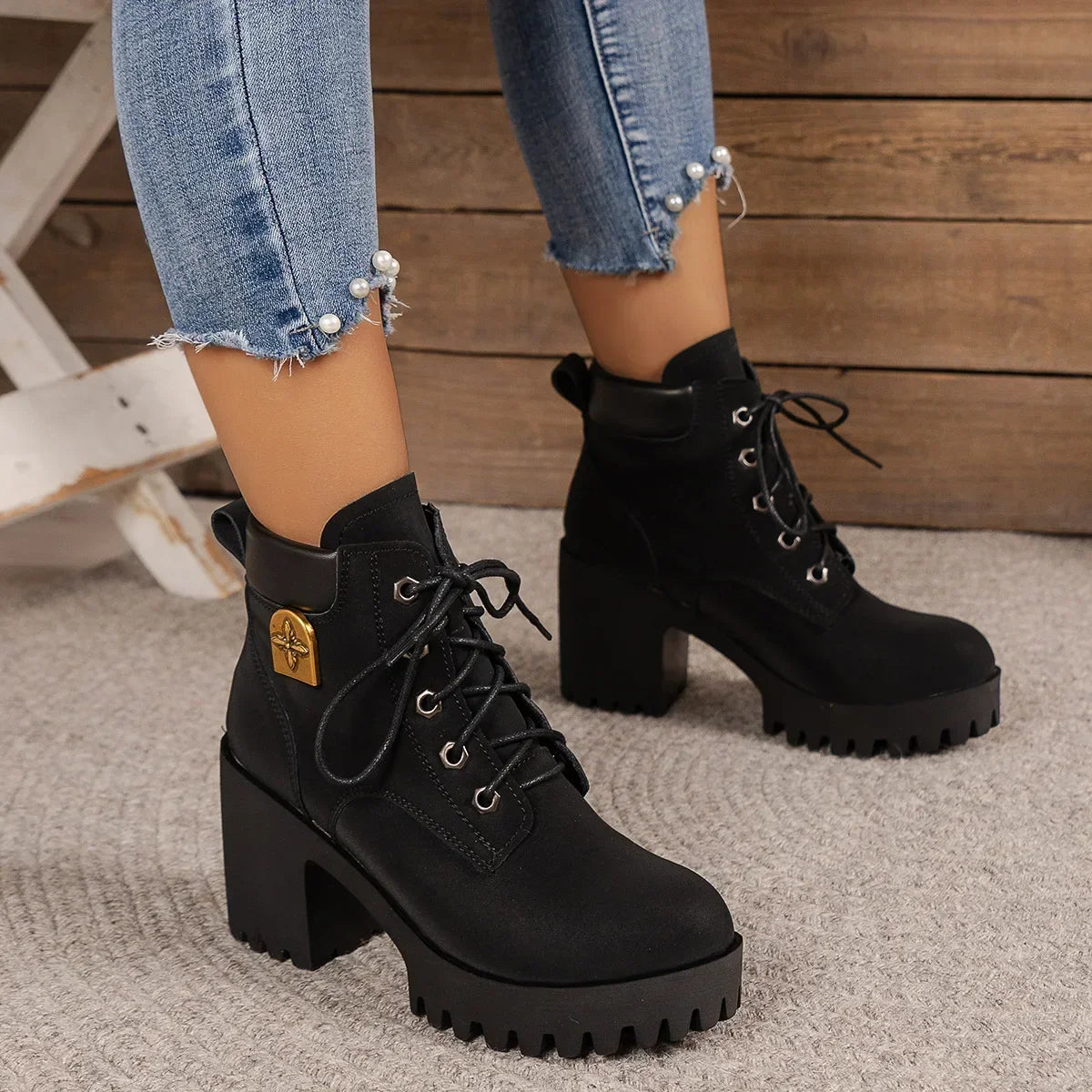 Women Retro Round Toe Chunky Heels Ankle Boots Autumn New High Heels Shoes Woman Lace Up Platform Short Booties Big Size 42