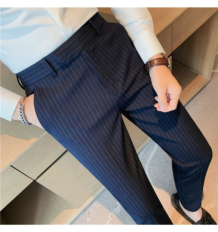 British Style Striped Slim Fit Suit Pant Men Business Casual Simple Dress Pants High Quality Social Wedding Party Trousers 38-28