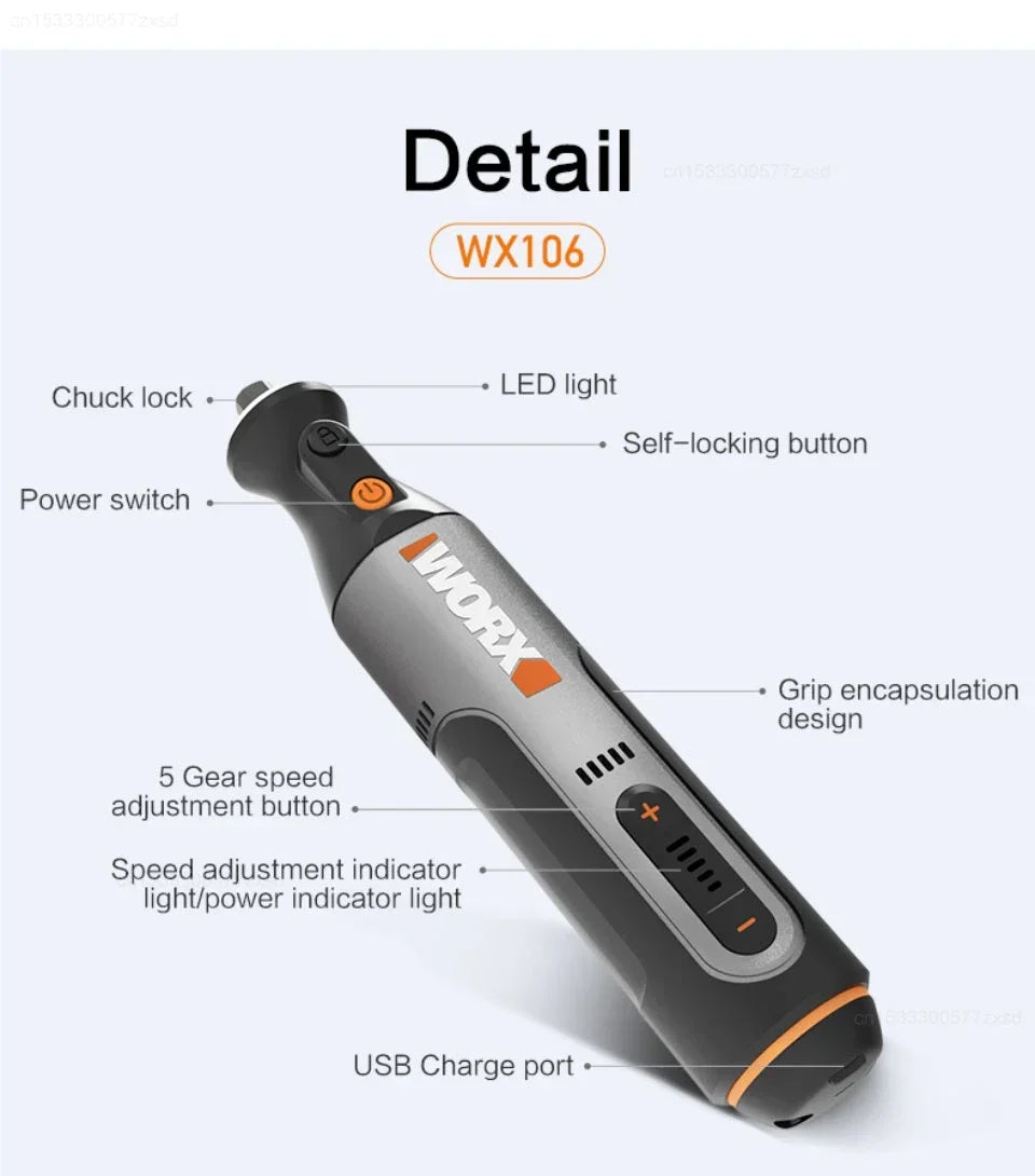 Worx 8V Rotary Tool WX106 Cordless Mini Drill Engraving Grinding Polishing Machine USB Charger Variable Speed Power Tools Home