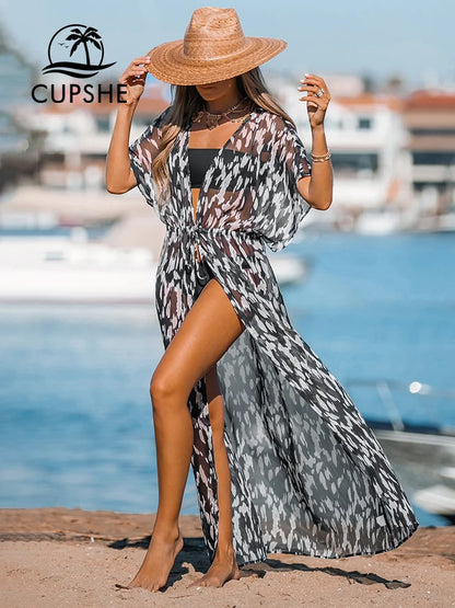 CUPSHE Leopard Print Maxi Length Kimono Bikini Cover Up For Women Short Sleeve Lace Up Long Beach Dress 2023 Summer Beachwear