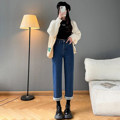 Women Straight Trousers Beige Keep Warm Fur Denim Jeans Thick Velvet Herm Pants Casual Vintage Female Winter Fleece Baggy Pants