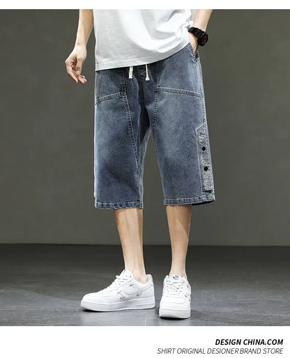 Big Size Denim Shorts Men Summer Streetwear Fashion Male Jean Shorts Y2k Baggy Plus Size 3/4 Long Black Wide Leg Korean Style