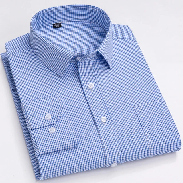 Men's Classic Long Sleeve Print/striped Basic Dress Shirts Single Patch Pocket 65% Cotton Business Standard-fit Office Shirt