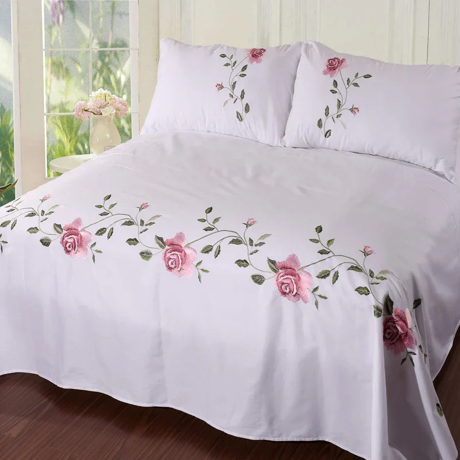 Cotton twill Embroidered Bed Sheets Set LUXURY Bedding Set Wrinkle & Fade Resistant Hypoallergenic Sheet & Pillow Case Set Queen